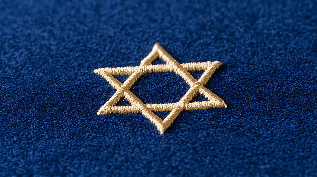 Golden Star of David symbol delicately embroidered on rich dark blue velvet fabric, elegant religious texture background for holidays