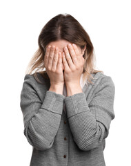 Fototapeta premium Stressed woman covering face with hands on white background