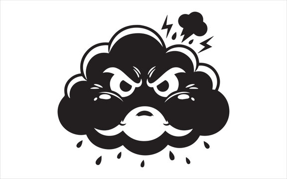 A black and white cartoon illustration of an angry storm cloud with a grumpy facial expression