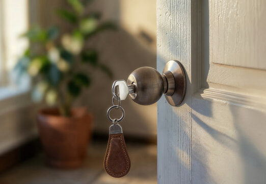Brown leather key tag keyring hanging in door lock, ai generated. Brown label attached to metal keyring and key inserted in home or hotel door. Closeup scene with house keys, home access, security.