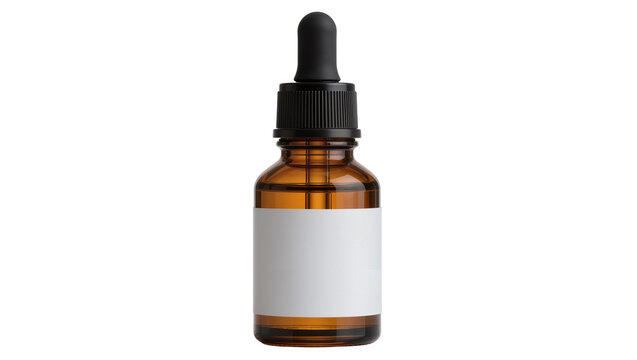 Amber glass dropper bottle with blank label isolated on transparent background