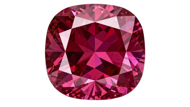 Deep pink cushion cut gemstone with brilliant facets, isolated on transparent background