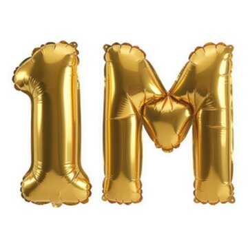 Golden '1M' foil balloons isolated on white background. Celebrate one million followers or subscribers.