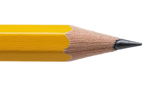 Sharp graphite pencil tip with yellow wooden barrel, isolated on transparent background