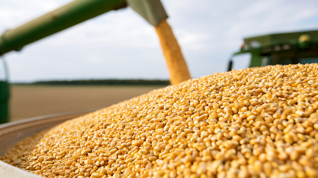 Combine harvester pour golden corn grain zea mays into a tractor trailer during autumn harvest season on a large industrial agricultural farm