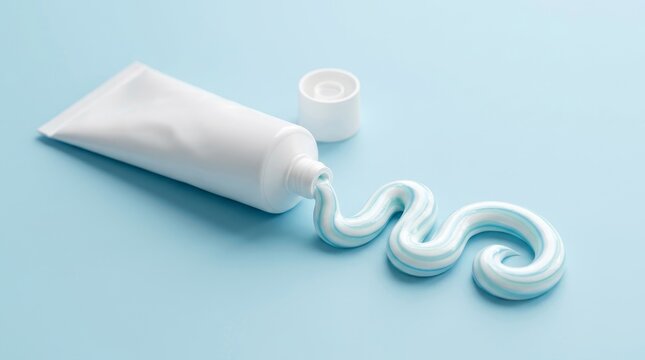 A white toothpaste tube squeezes out a blue and white swirl on a blue surface.