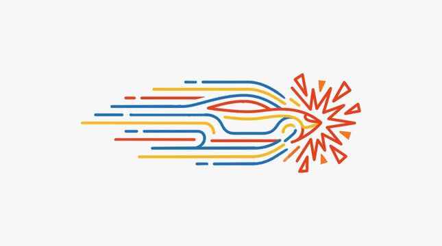 Minimalist vector illustration of a sports car silhouette formed by blue, yellow, and red horizontal speed lines crashing into a vibrant orange impact burst on white background.