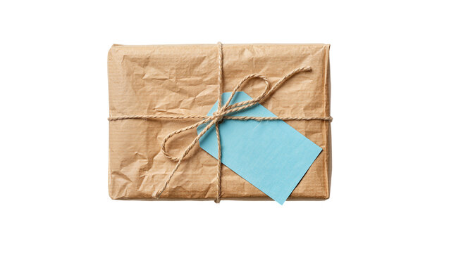 Brown paper wrapped gift box with twine and blue tag, isolated on transparent background