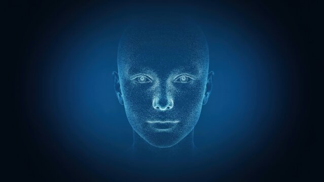 Abstract 3D digital human face made of glowing blue particles against a dark background. AI concept.