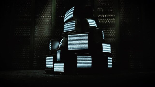 3Dアニメーション　ノイズが流れている廃棄されたブラウン管テレビの山　ズームアウト