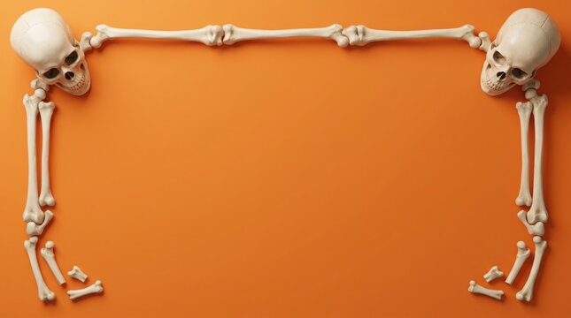 Top view of a spooky halloween 3d background featuring human skeleton arms framing a vibrant orange copy space