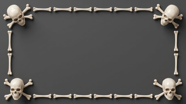 A spooky halloween 3d background featuring a rectangular frame made of human bones and skulls on dark grey