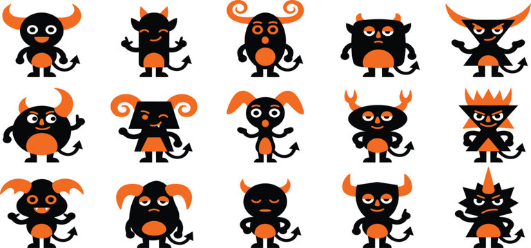 Set of cute cartoon devil characters with different horns and expressions in vector illustration