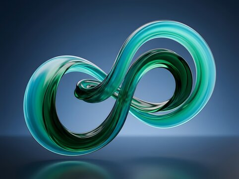 Abstract 3D render of an infinity sign shaped glass ribbon sculpture in shades of green and blue with 3D render blue gradient endless loop modern design digital art fluid motion dark background