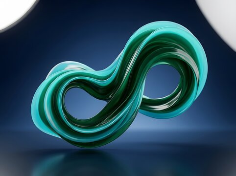 Abstract cyan and green liquid ribbon shape twisting in infinity with infinity loop green wave abstract form twisted object fluid motion digital art modern sculpture glossy surface infinity