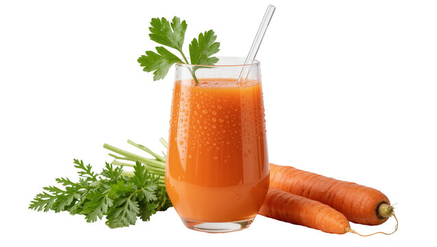 Fresh orange carrot juice in a condensation-covered glass with parsley and carrots, isolated on transparent background