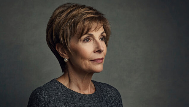 Three-quarter portrait of a thoughtful mature woman in a dark grey sweater. Studio headshot, elegant natural aging and confidence.