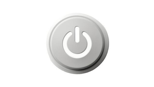 Circular grey power button with illuminated symbol, isolated on transparent background