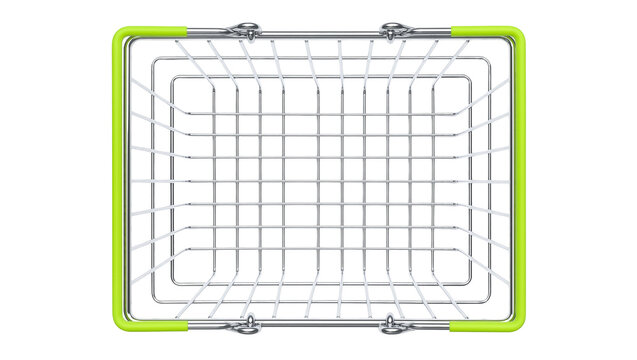 Empty metal wire shopping basket with lime green handles, isolated on transparent background