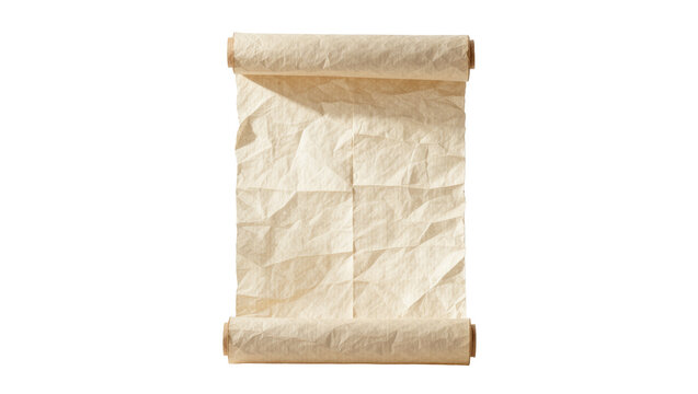 Unrolled aged parchment scroll with wooden rods, isolated on transparent background