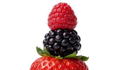 Stack of fresh red strawberry black blackberry, and red raspberry isolated on transparent background © Claudia
