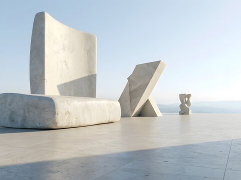 Minimalist abstract stone and marble geometric monolith sculptures standing on a smooth outdoor platform with marble monoliths geometric blocks minimalist sculpture modern monument stone slabs