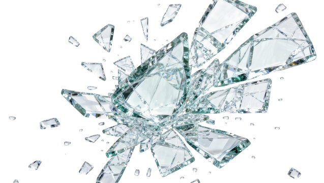 Sharp clear glass fragments exploding outwards, isolated on transparent background
