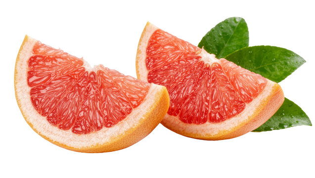 Two juicy pink grapefruit slices with green leaves, isolated on transparent background