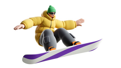 Stylized person in yellow puffer jacket and green beanie snowboarding, isolated on transparent background © Claudia