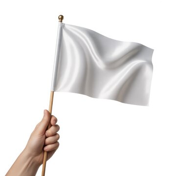 A human hand holding a waving white flag on a wooden pole isolated on white background. Excellent surrender or truce concept graphic.