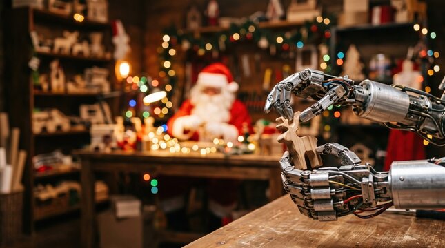 Robot arm holding wooden ornament in Santa's workshop with lights  