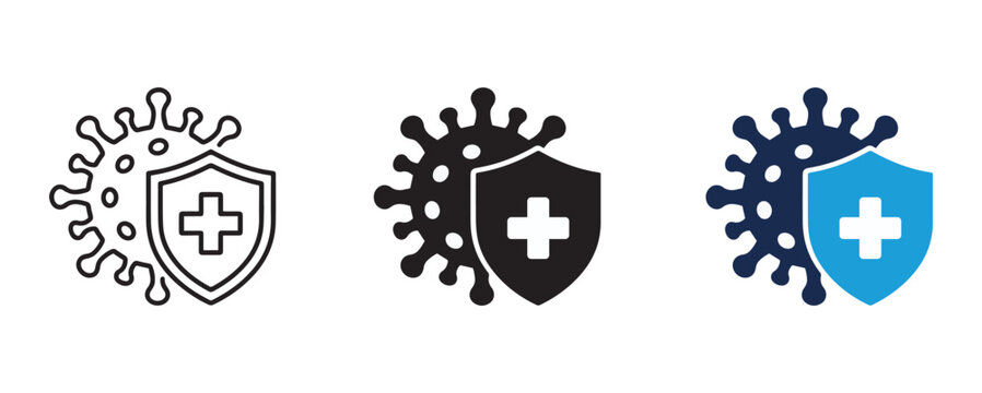 Set of virus protection shield icons representing immune system defense and medical health safety against infectious disease