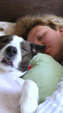 Sleeping woman cuddles dog in bed. She rests with eyes closed while small black and white dog nestles against her face on soft pillow, creating calm moment of home comfort and close companionship.