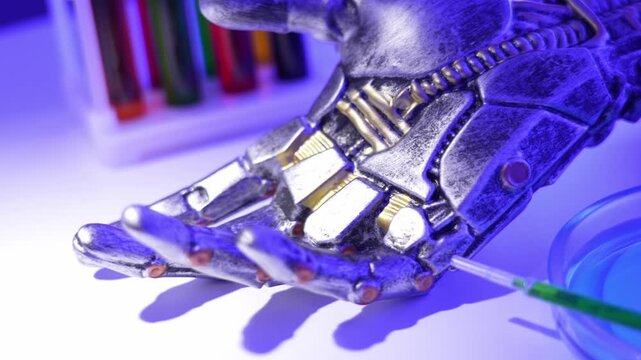A metal robot arm in a laboratory next to test tubes of chemical reagents. Bionic prosthetic human hand. Biotechnology prosthetics.
