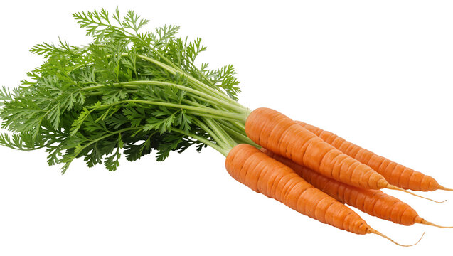 Fresh orange carrots with green leafy tops, isolated on transparent background