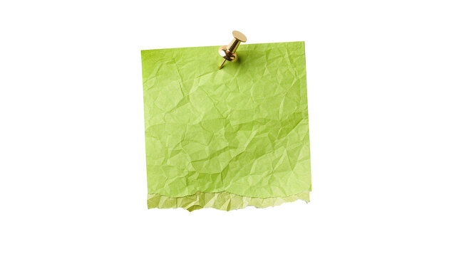 Crumpled green paper note pinned with a brass thumbtack, isolated on transparent background