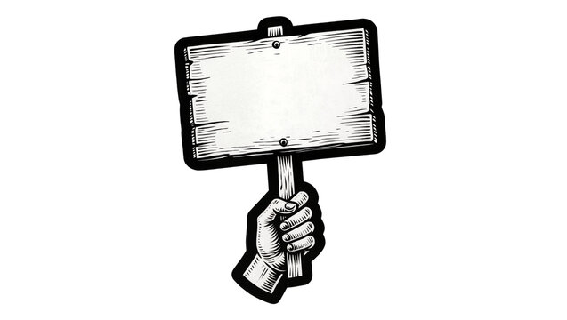 Hand holding blank wooden sign with wood grain texture, isolated on transparent background