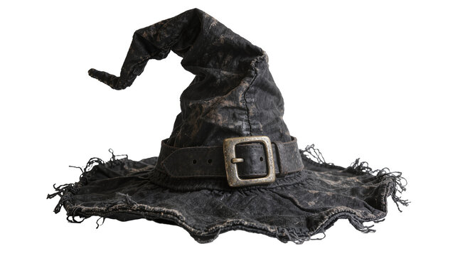 Tattered black witch hat with weathered silver buckle, isolated on transparent background