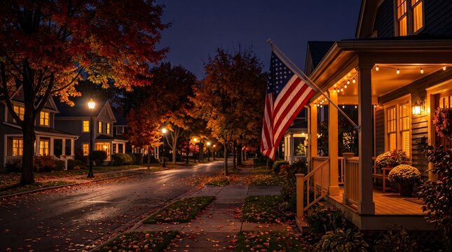 American flag hanging on the front porch of a cozy suburban house. Peaceful residential neighborhood street at night illuminated by warm streetlights and autumn foliage.