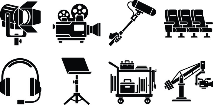 Cinema and Movie Production Equipment Icon Set Featuring Camera Spotlight Boom Mic Headphones and Jib Crane Vector Illustration