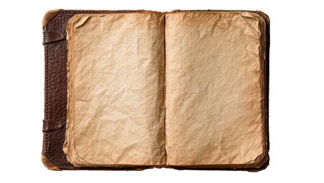 Antique leather-bound book with aged crumpled pages, isolated on transparent background