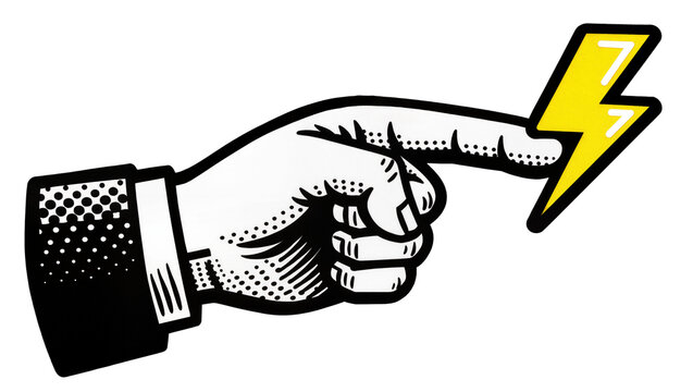 Black and white hand pointing at a yellow lightning bolt, isolated on transparent background