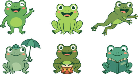 Fototapeta premium Cute Frogs Vector Illustration Set Featuring Friendly Green Amphibians Waving Jumping Holding Umbrella Playing Drum and Reading Book