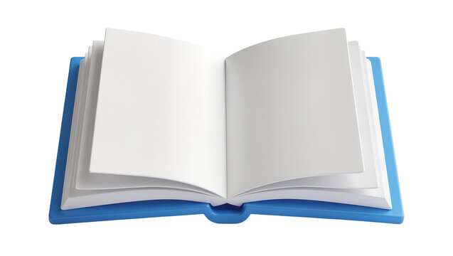 Open blue hardcover book with blank white pages, isolated on transparent background