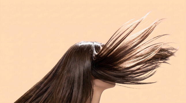 Hair flips through the air catching brilliant shine on a lavender backdrop