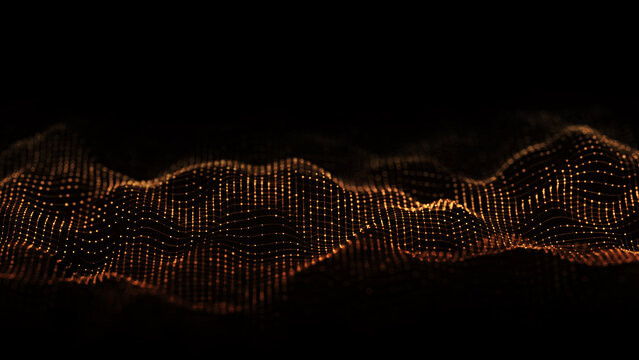 Abstract technology background with a glowing orange particle wave formed by connected dots and flowing lines on a black backdrop. Futuristic data visualization concept suitable for big data, digital 