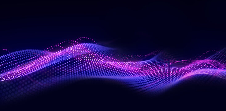 Glowing purple and pink particle wave flowing across a dark blue background, forming a smooth abstract digital landscape. Futuristic technology image suitable for data visualization, sound waves, sign