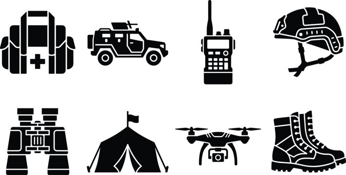Military tactical gear and equipment silhouette vector icon set featuring helmet drone walkie talkie boots and vehicle