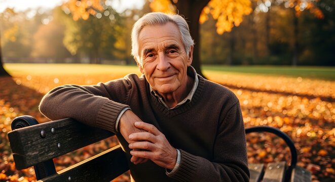 Casual portrait of elderly man smiling while sitting on park bench, autumn leaves around, reflective and inspiring lifestyle image