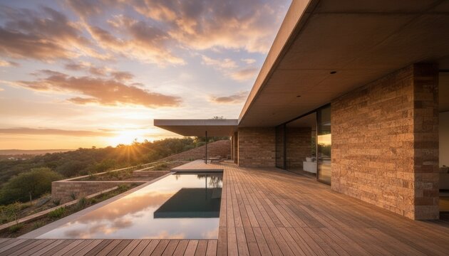 Stunning dramatic architectural hillside residence featuring rammed earth walls and a tranquil lap pool overlooking a golden sunset
